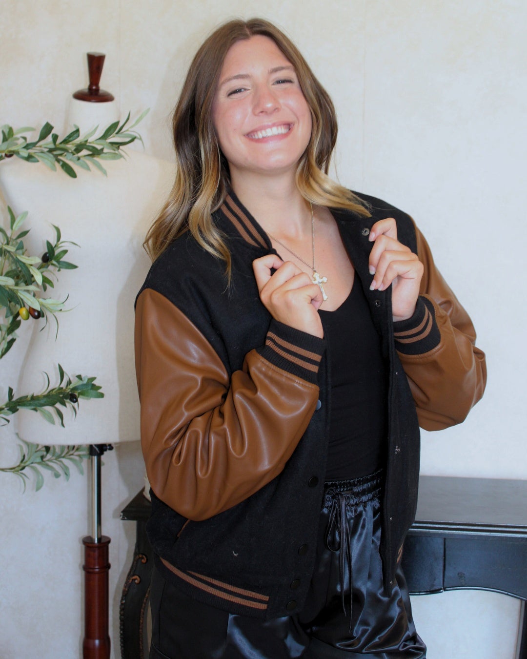 Faux Leather Sleeves Varsity Jacket Bel Tesoro